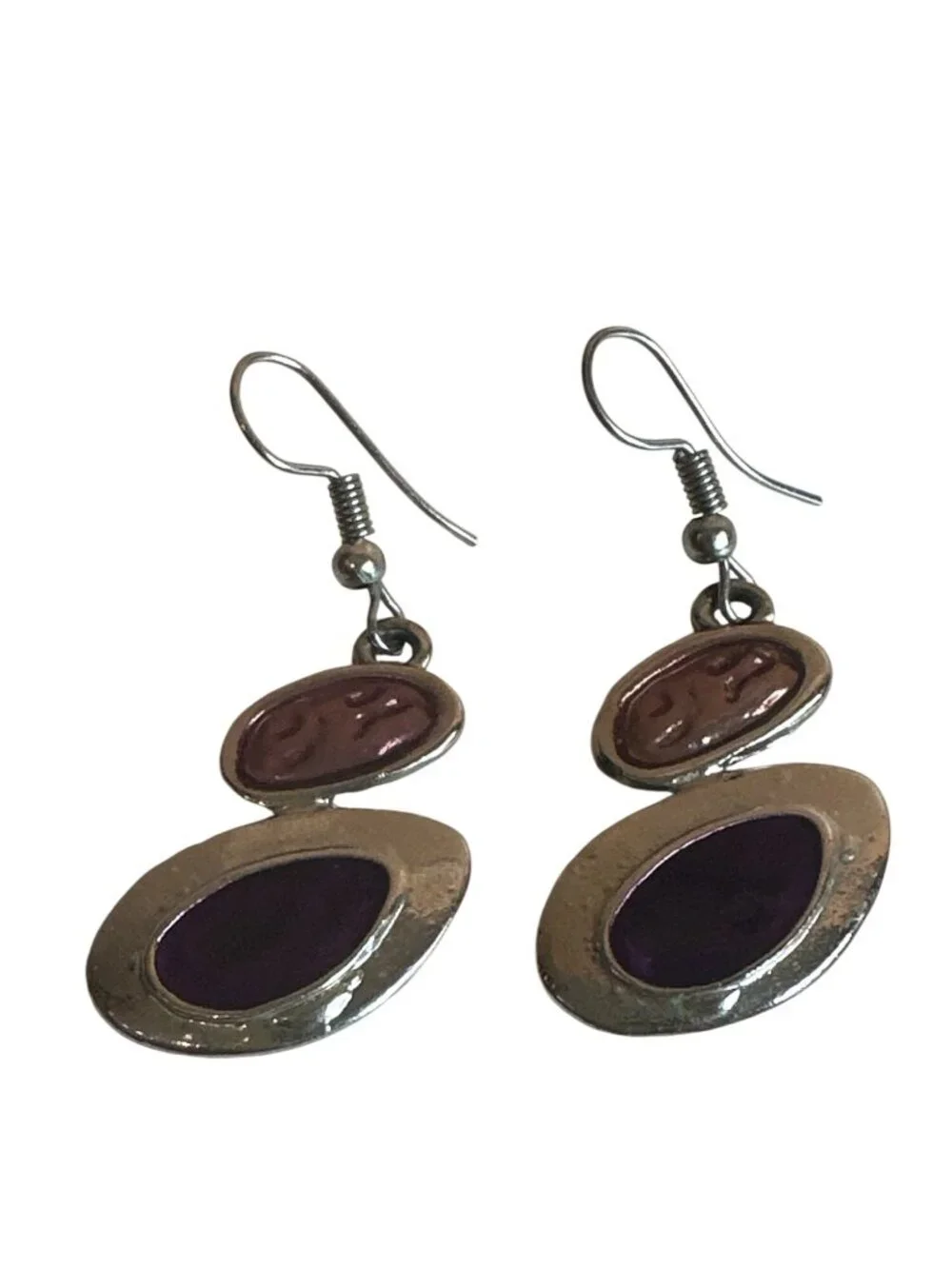 Silver Tone Purple Dangle Earrings Oval Design 2